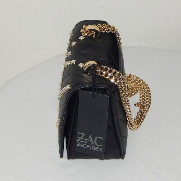 ZAC POSEN SOFT EARTHETTE Pearl Lady Chevron Quilted Chain Shoulder Bag Black NWT - Picture 9 of 14